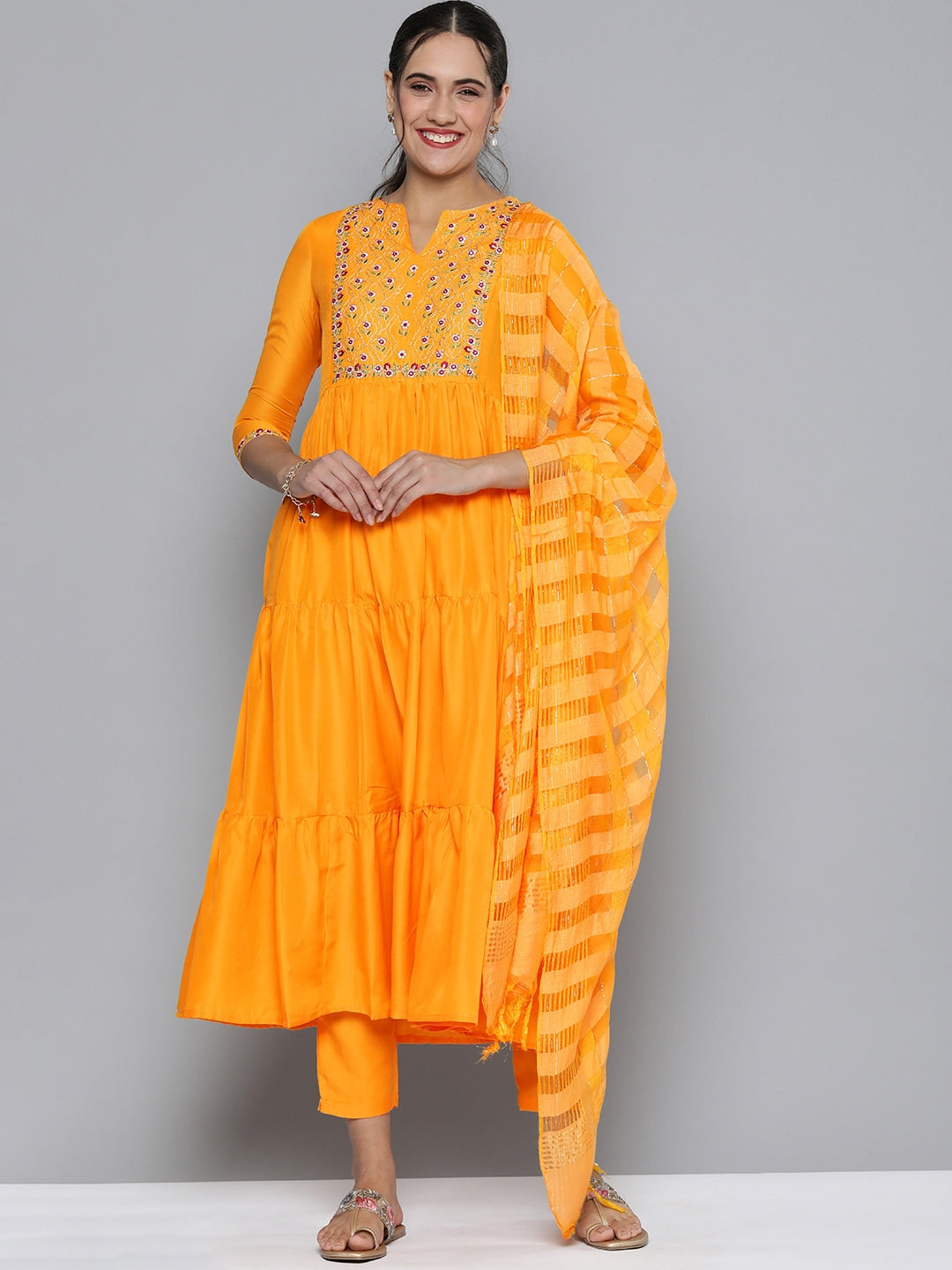 HERE&NOW Women Yellow Embroidered Kurta with Trousers & With Dupatta