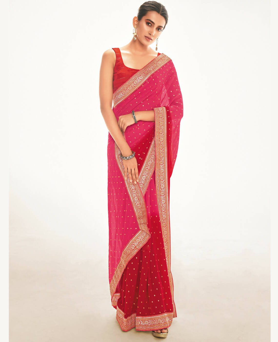 Pink Georgette Foil Printed Saree With Unstitched Blouse Piece - Nitya