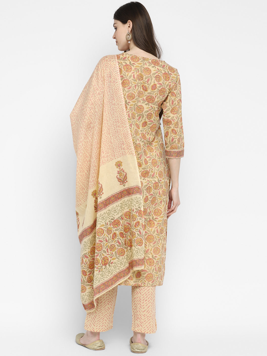 NOZ2TOZ Women Cream Cotton Kurta with Pant & Dupatta (3pcs Set) 