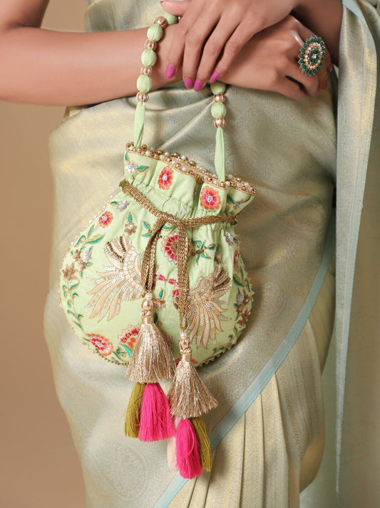 Masq Green & Red Embroidered Potli Clutch - Grab2buy