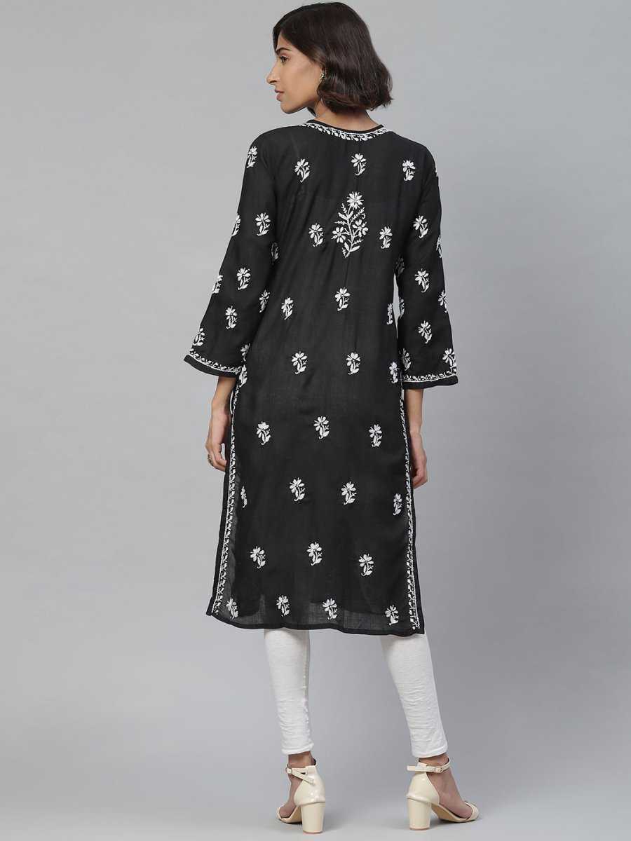 ADA Women Black & White Chikankari Embroidered Straight Sustainable Handloom Kurta 