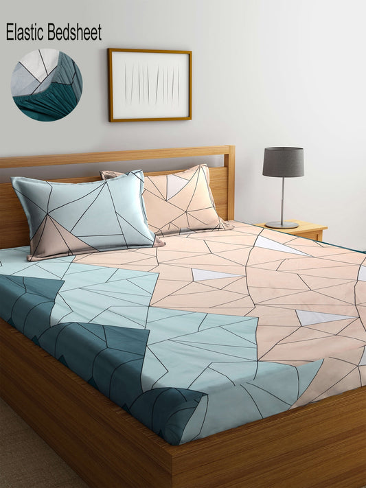 KLOTTHE Blue & Pink Geometric 300 TC King Fitted Bedsheet With 2 Pillow Covers 