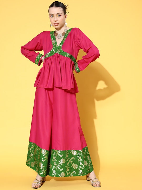 InWeave Women's Fuchsia Green Brocade Mughal Shaan Kurta Palazzo Set 