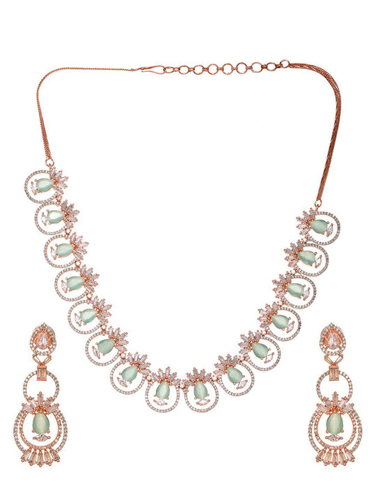 Saraf RS Jewellery Rose Gold-Plated & Sea Green American Diamond Studded Jewellery Set - Grab2buy