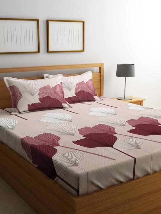 KLOTTHE Beige Floral 300 TC Cotton Blend Double Bedsheet Set 