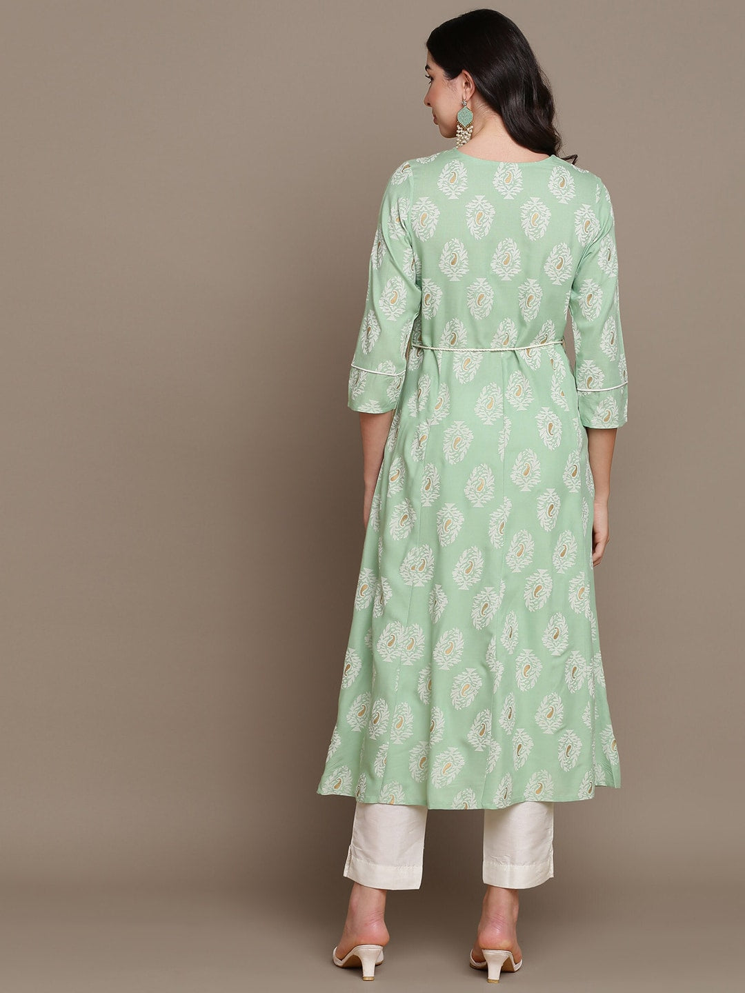 HERE&NOW Embroidered Ethnic Motif Printed Notched Neck A-Line Kurta