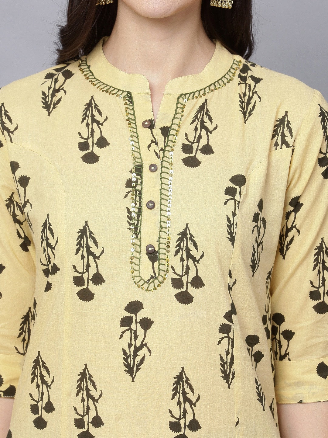 HERE&NOW Women Yellow Ethnic Motifs Printed Pleated Pure Cotton Kurti with Trousers & With Dupatta