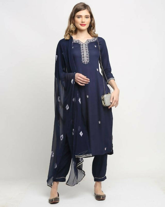 Aastha Fashion Women's Navy Blue Rayon Slub Jaipuri Printed Kurta with Trouser & Dupatta - Grab2buy