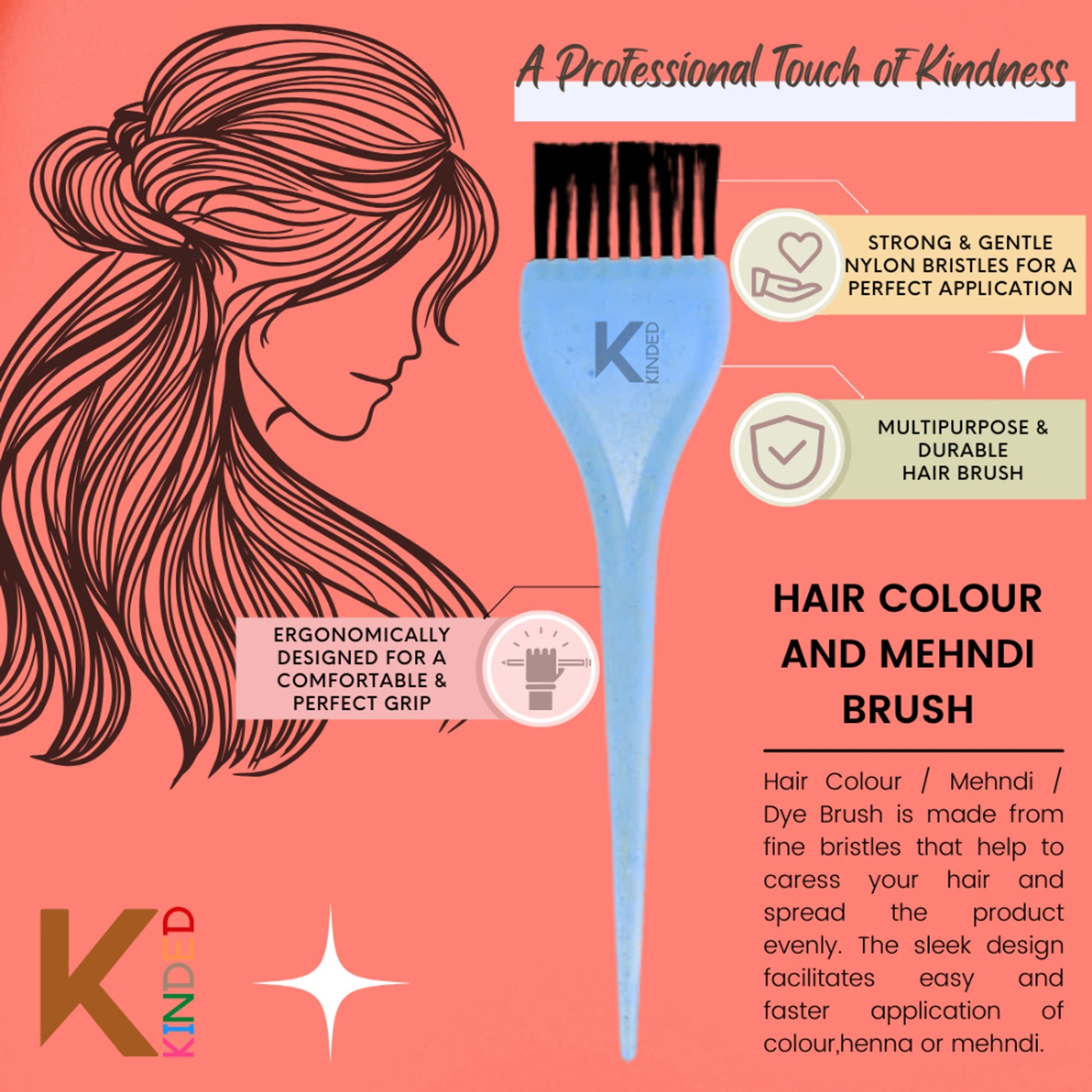 KINDED Multipurpose Pink Orange Blue Hair Color and Mehndi Brush Set of 3