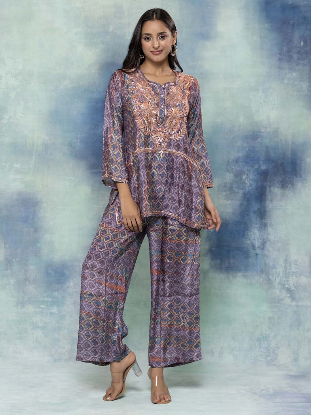 HOUSE OF KARI Floral Embroidered Regular Chikankari Straight Kurta with Palazzos 