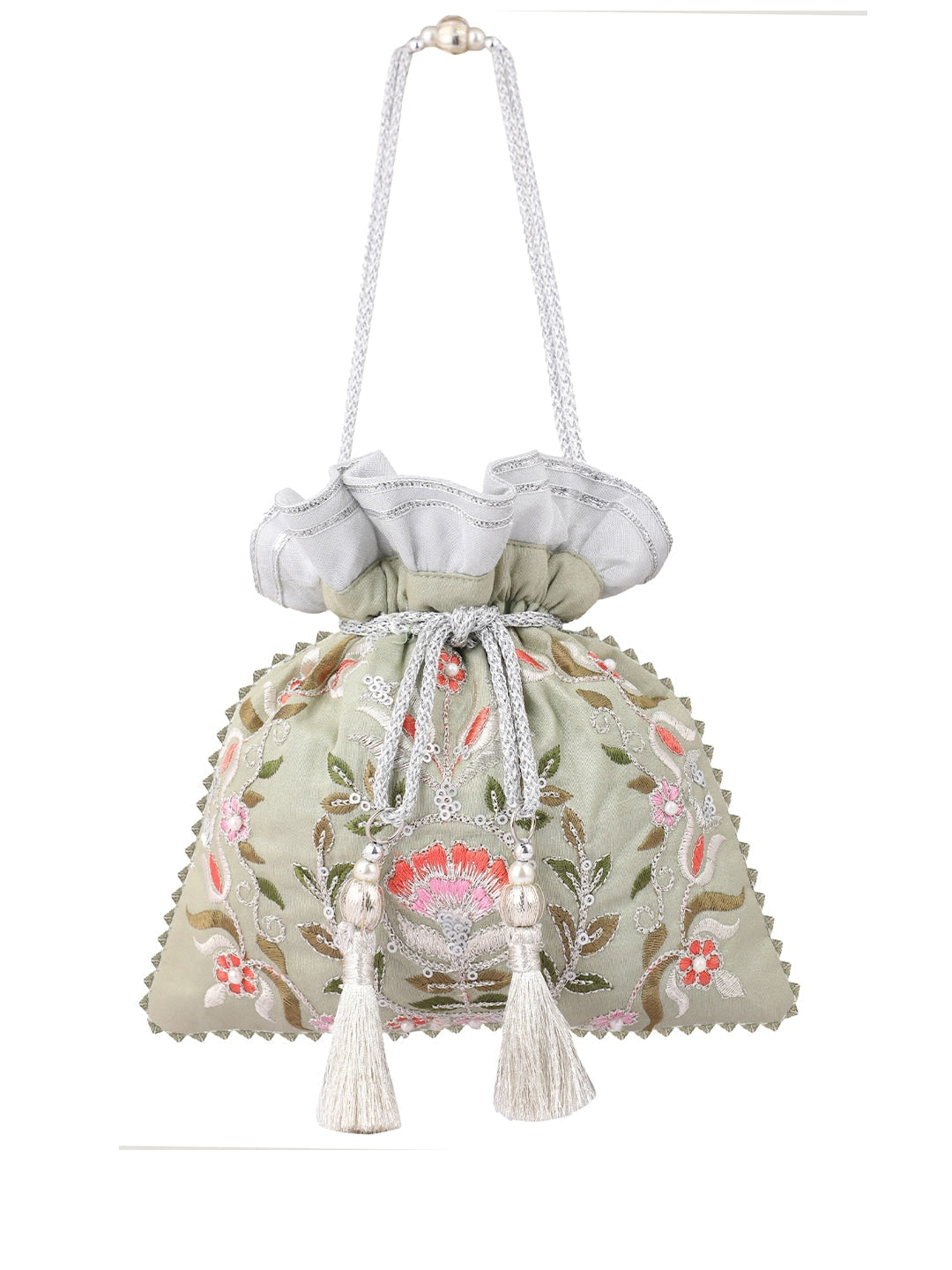Masq Green & Pink Embellished Embroidered Potli Clutch 