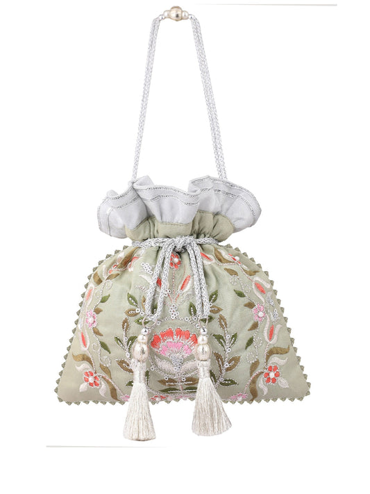 Masq Green & Pink Embellished Embroidered Potli Clutch 