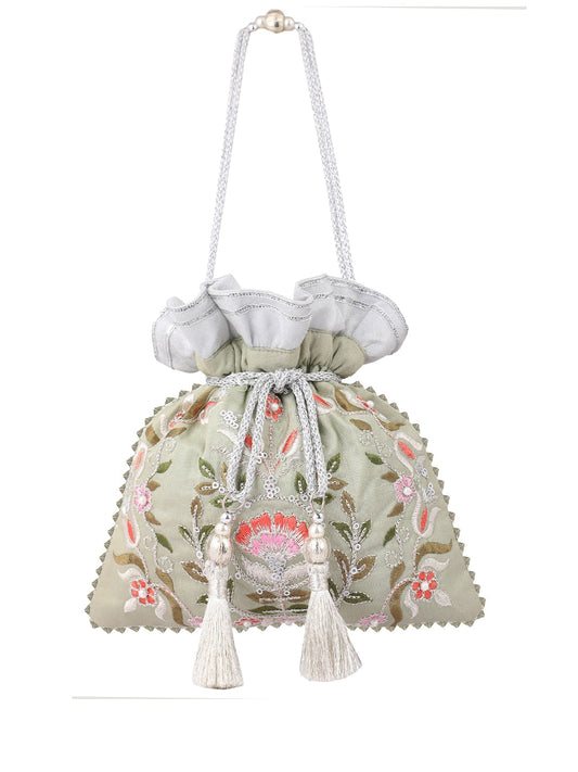 Masq Green & Pink Embellished Embroidered Potli Clutch - Grab2buy