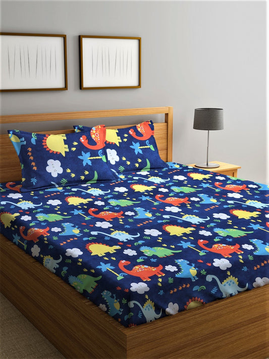Home Sizzler Blue & Yellow Printed 210 TC Bedsheet with Pillow Covers 