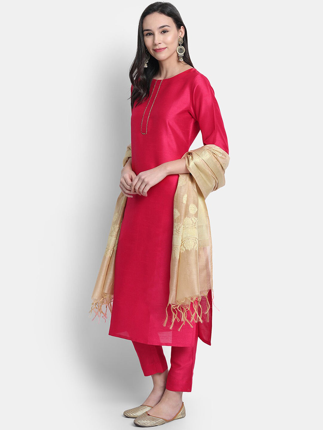 Janasya Women Pink Kurta with Trousers & With Dupatta