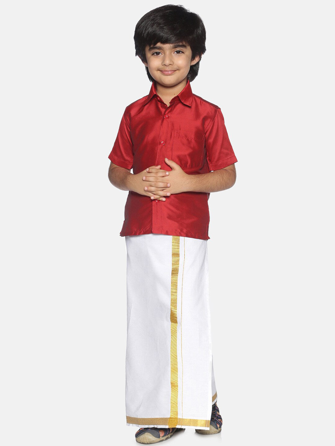 Sethukrishna Boys Red & White Shirt and Veshti Set