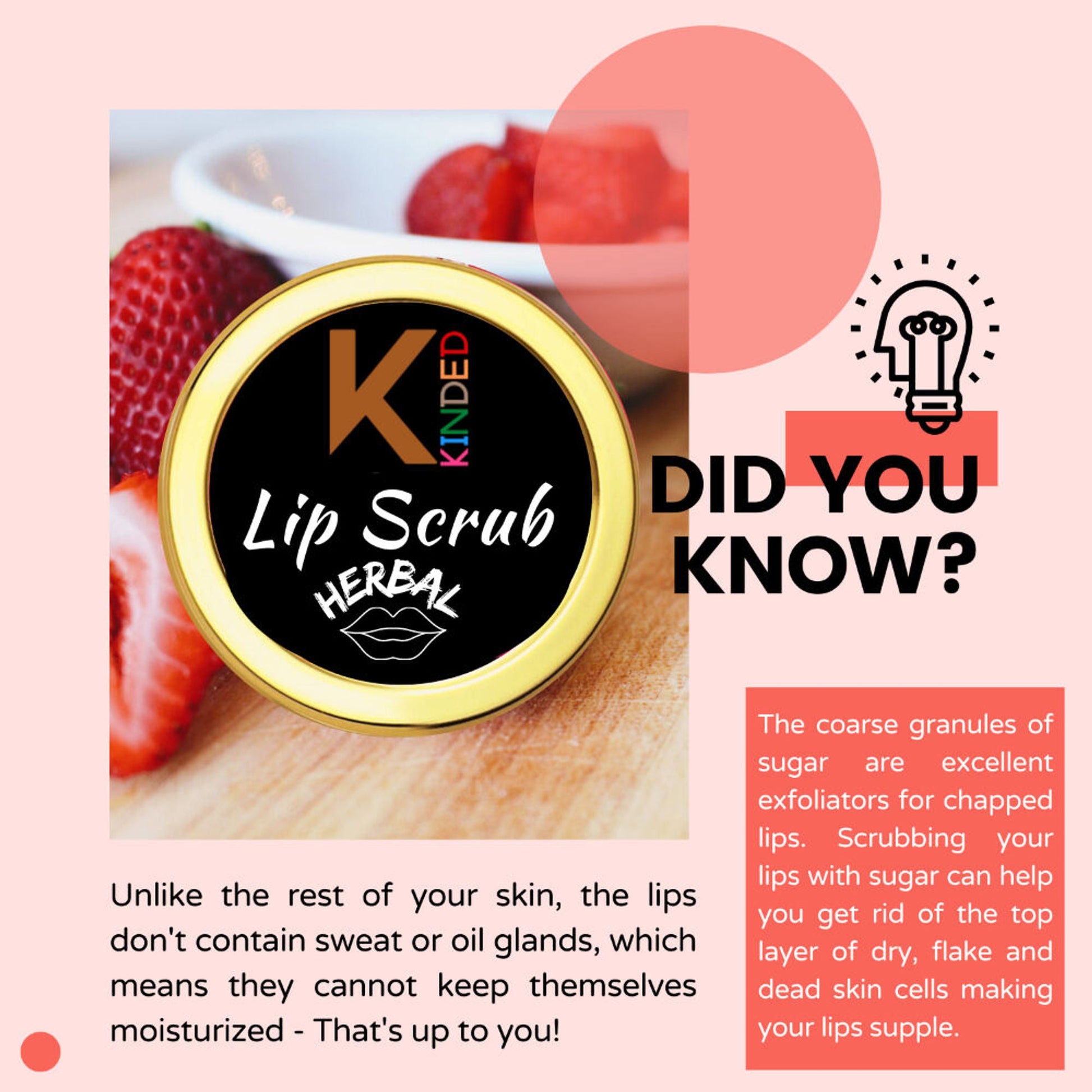 KINDED Lip Sugar Scrub Herbal Exfoliator - Strawberry