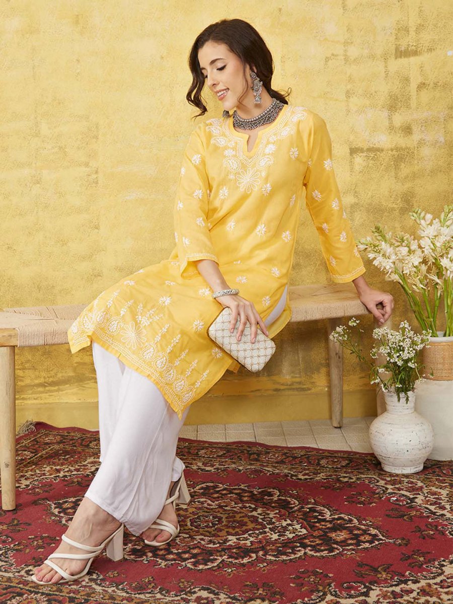 ADA Women Yellow & White Chikankari Embroidered Straight Sustainable Handloom Kurta 