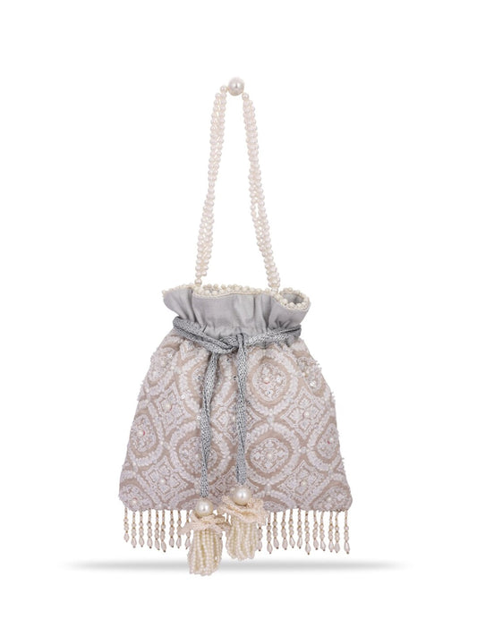Masq Tan & White Embroidered Potli Clutch - Grab2buy