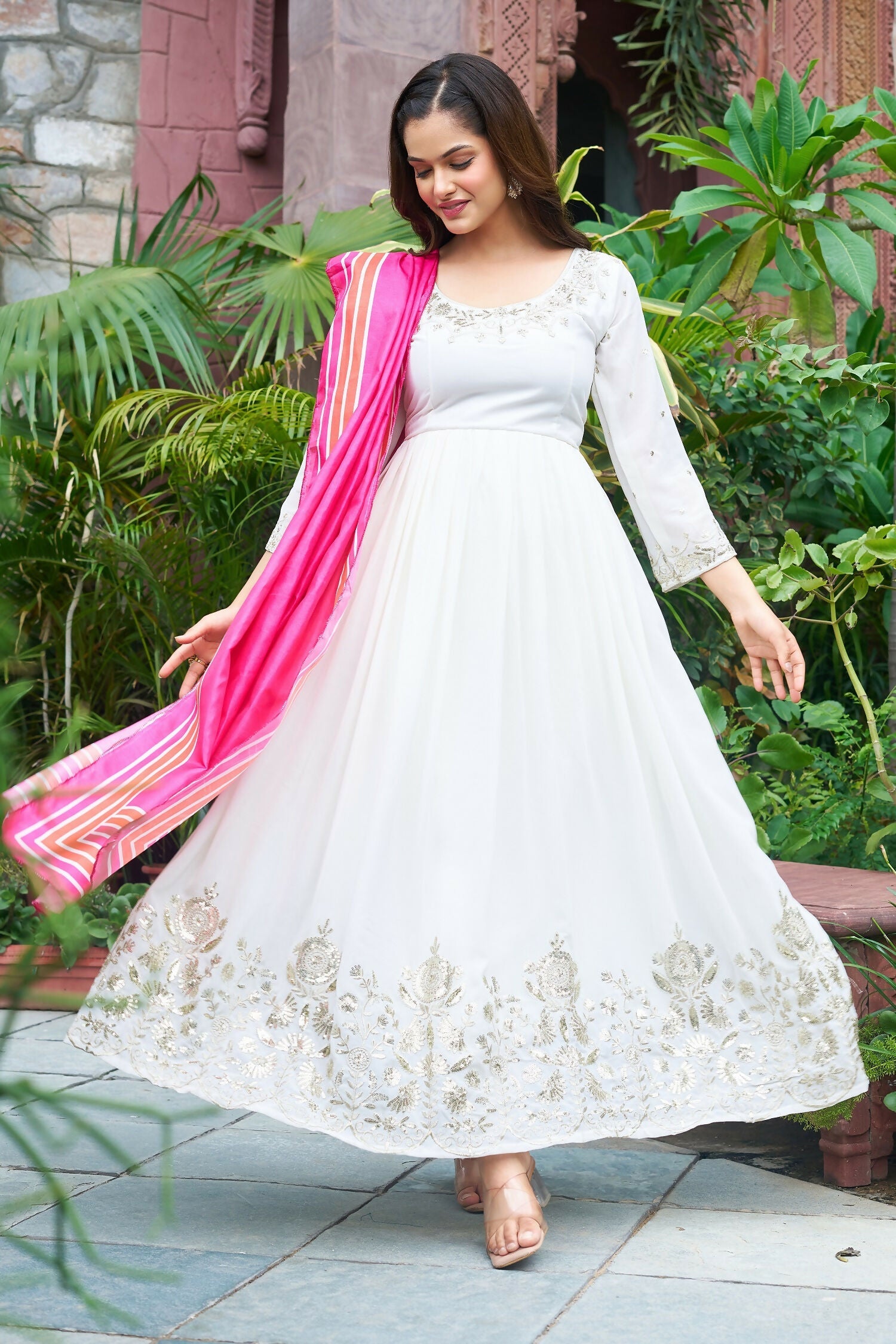 Joban Fashion White Georgette Embroidery Sequence Work Readymade Kurta Set