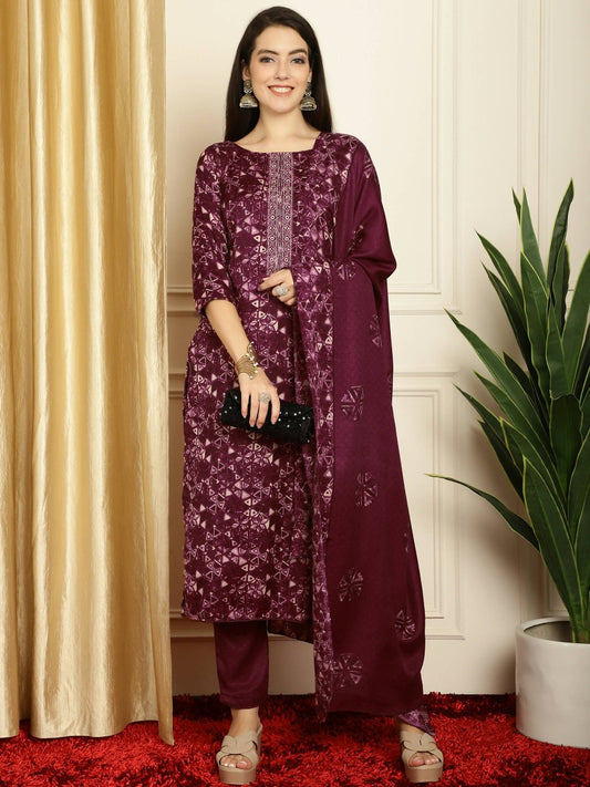 Aastha Fashion Women's Wine Pashmina Floral Digital Printed Kurta with Trouser & Dupatta - Grab2buy