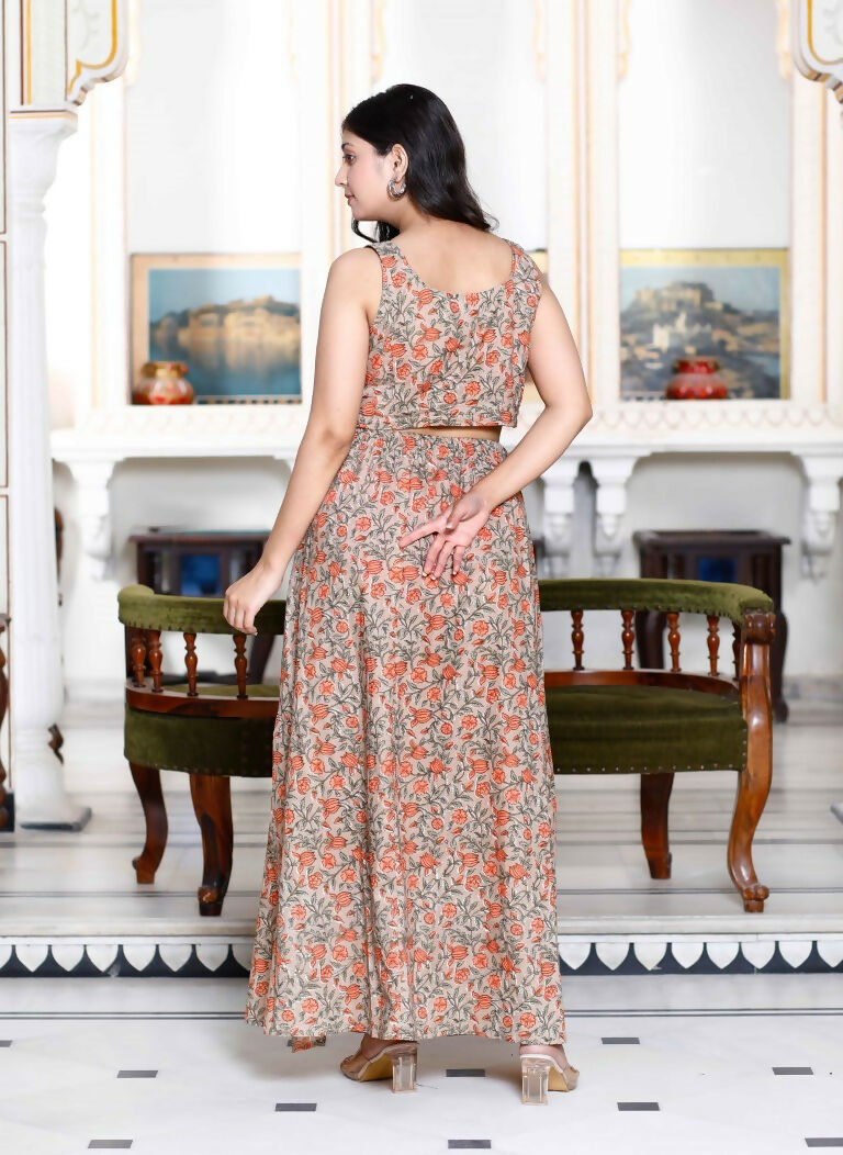Miravan Women's Brown Floral Printed Crop Top And Skirt Co-Ord Set 