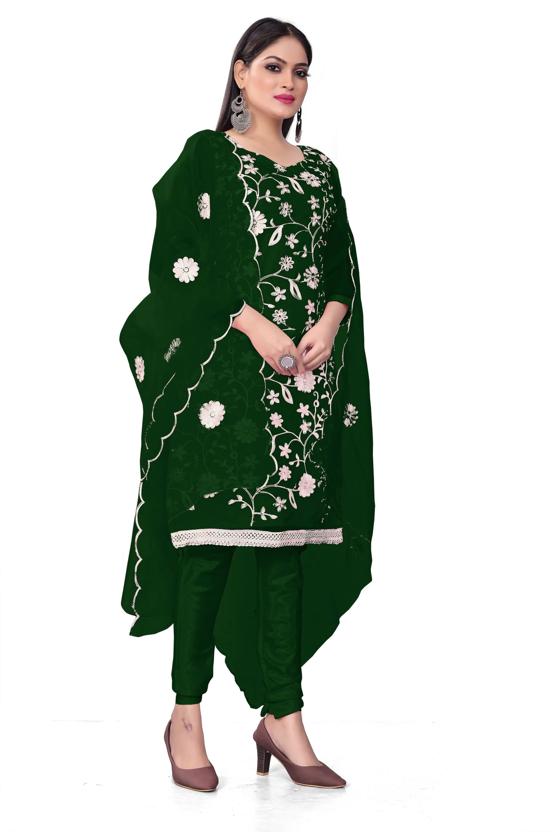Green Organza Silk Embroidered Work Unstitched Dress Material - Tanvi