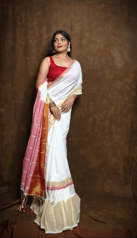 Exclusive Collection White Red Pure Cotton Handloom Gorgeous Grab2Buy 