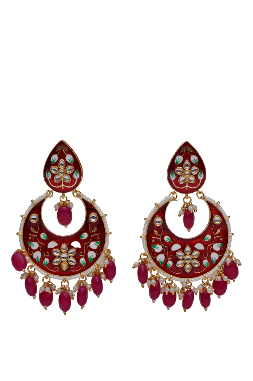 Gold Plated Brass & Pearl Dangle Women Red Hand Painted Meenakari Chandbali Earrings By House of Ree - Grab2buy