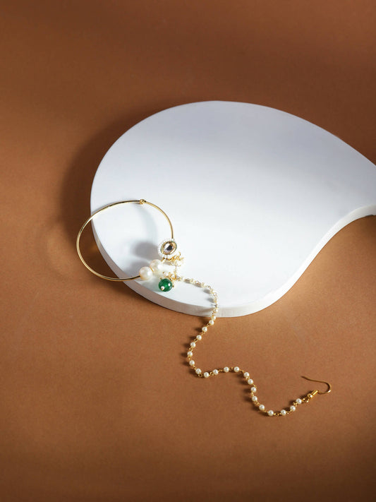 Gold-Plated White Green Kundan-Studded Pearl Beaded Nosepin - Ruby Raang - Grab2buy