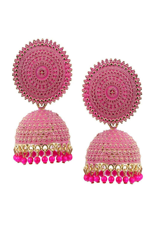 Mominos Fashion Joharkamal Gold-Polished Meenakari Jhumkas For Women & Girls (Magenta) - Mominos Fashion
