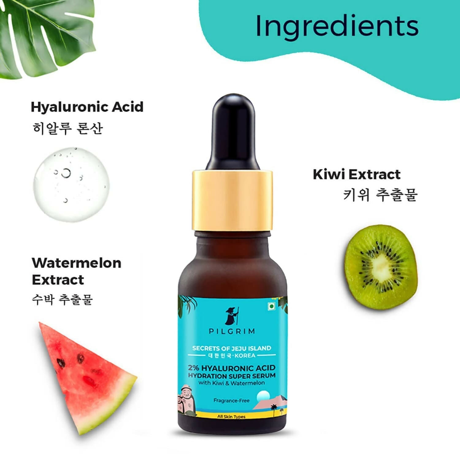 Pilgrim 2% Hyaluronic Acid Hydration Super Serum With Kiwi & Watermelon Extracts For Hydrated Skin - Korean Skin Care 
