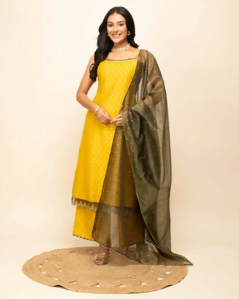 FIORRA Women's Yellow Silk Blend Straight Kurta Palazzo Set With Dupatta 
