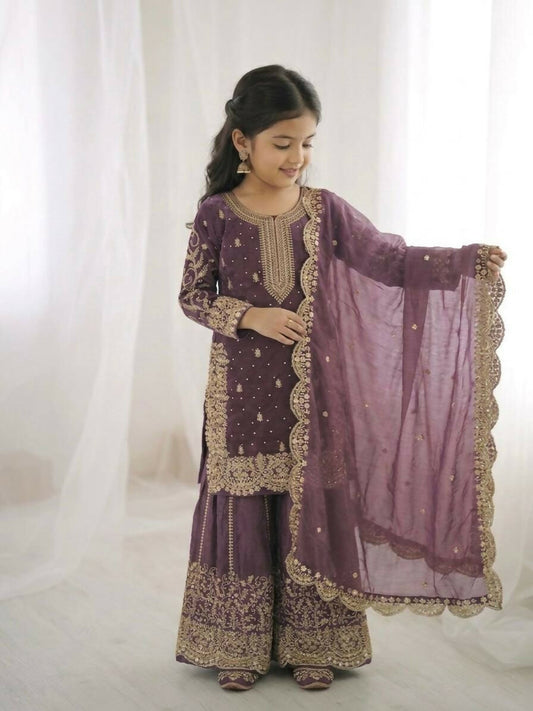 Teeya Creation New Trendy Fully Stitched Ready to Wear Kids Kurta Palazzo Set-Purple
