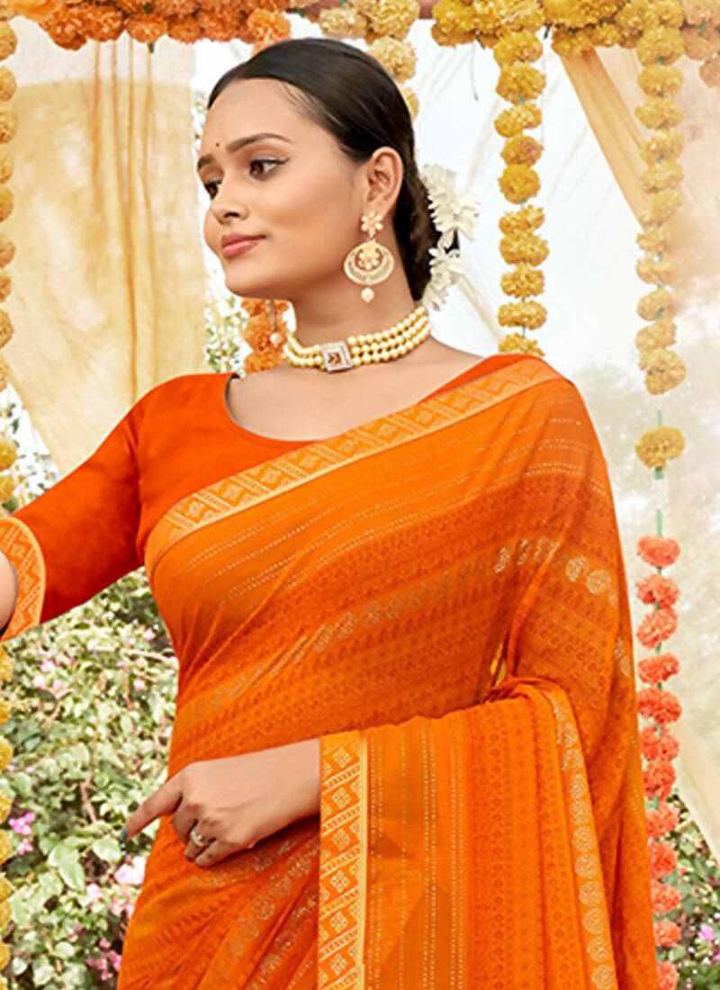 Orange Georgette Foil Printed Saree with Unstitched Blouse Piece - Avika