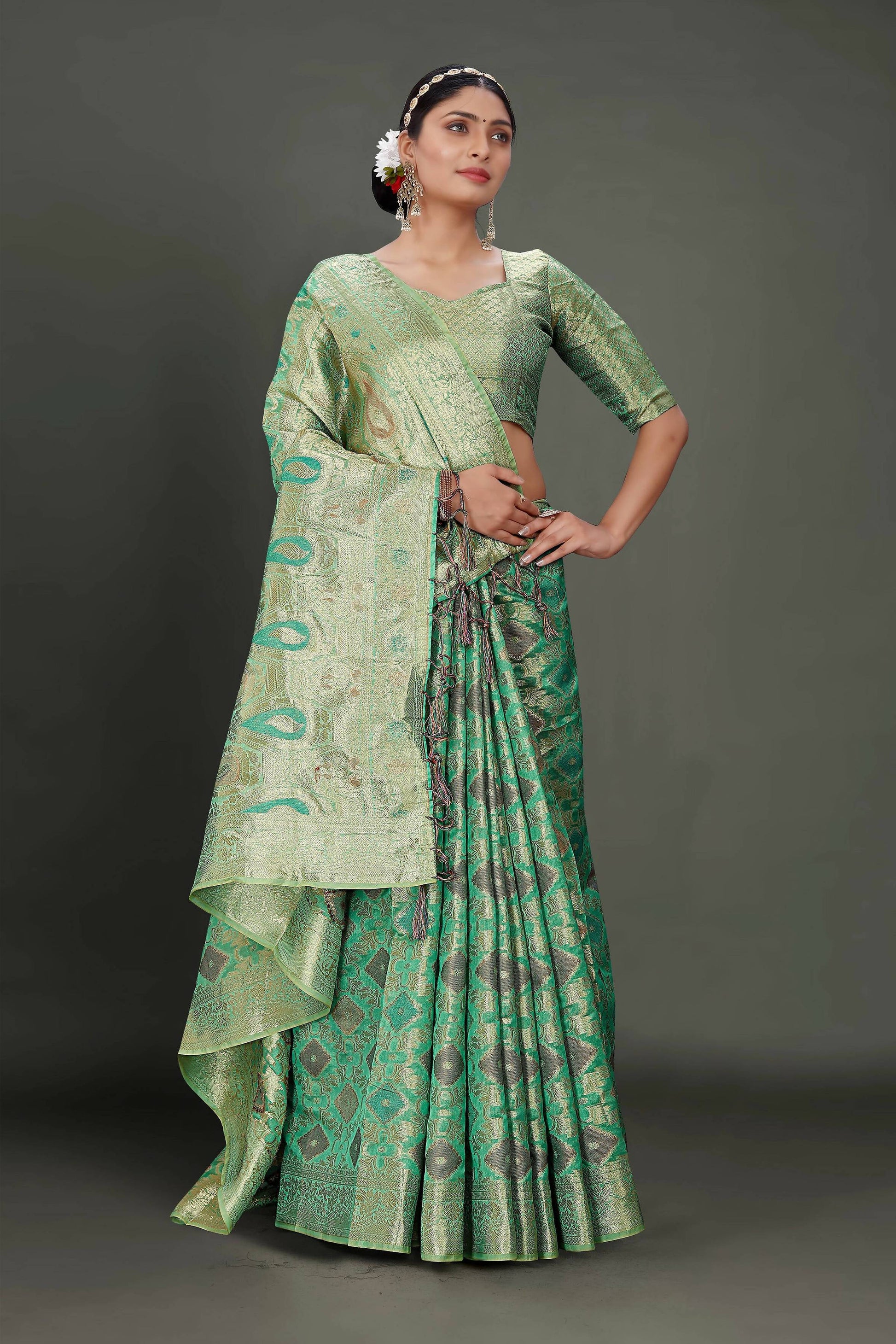 Sea Green Soft Organza Woven Design Saree With Unstitched Blouse Piece - Zaara