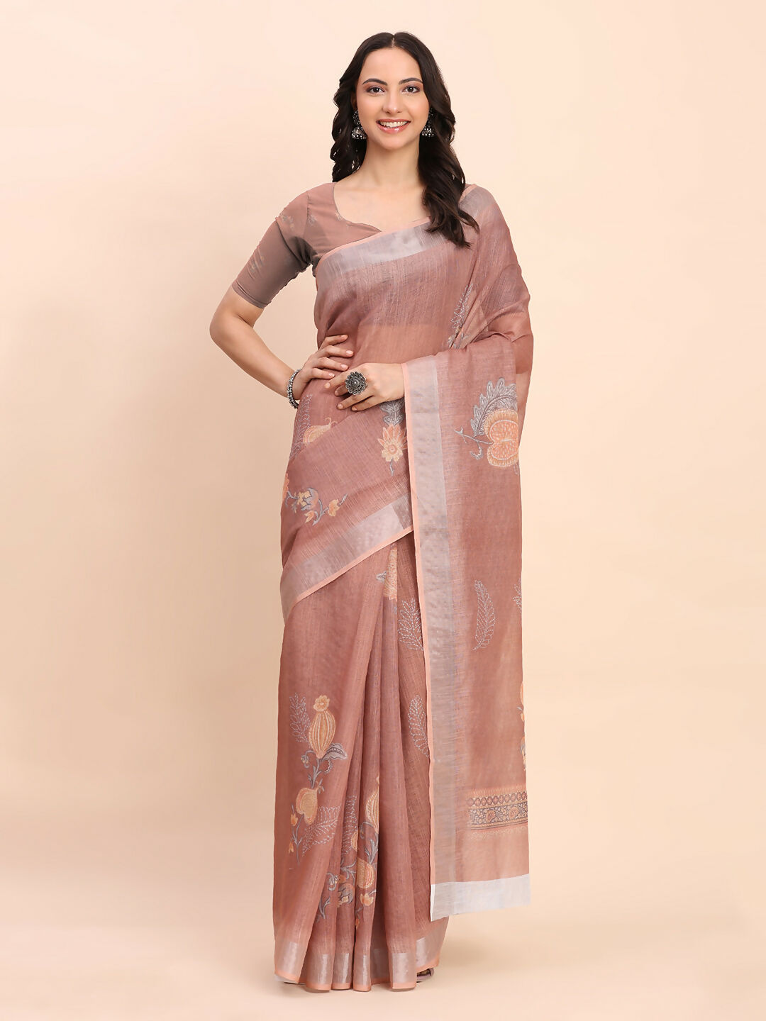 Shree Shyam Fashion Linen Cotton Brown Saree
