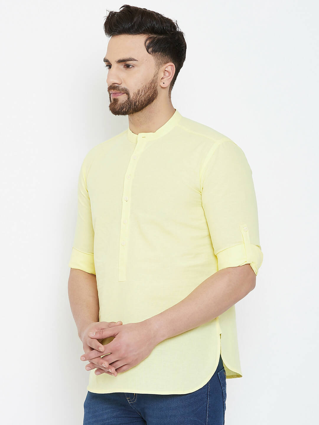 Even Apparels Yellow Color Band Collar Pure Cotton Men's Kurta 