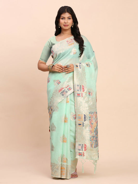Shree Shyam Fashion Linen Cotton Sea Green Saree