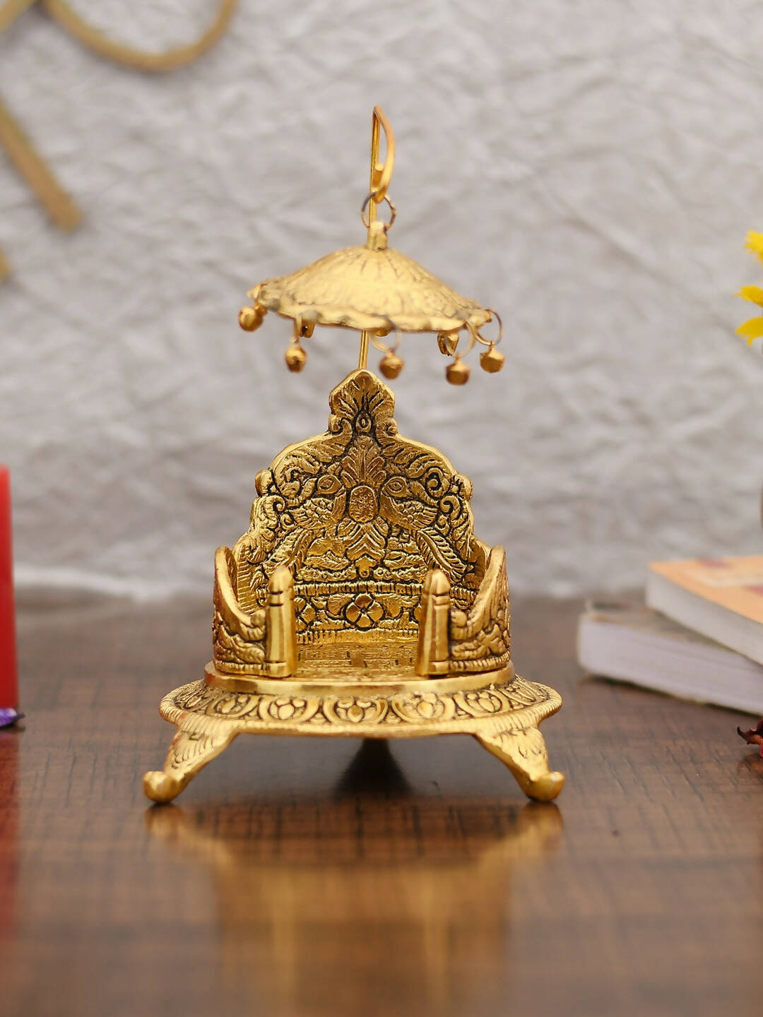 CraftVatika Gold-Polished Ladoo Gopal Singhasan/Pooja Chowki Showpiece 