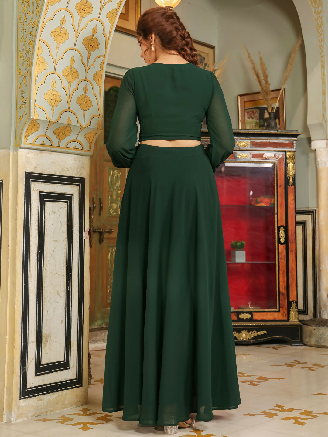 Janasya Dark Green Georgette Embroidered Top & Skirt 