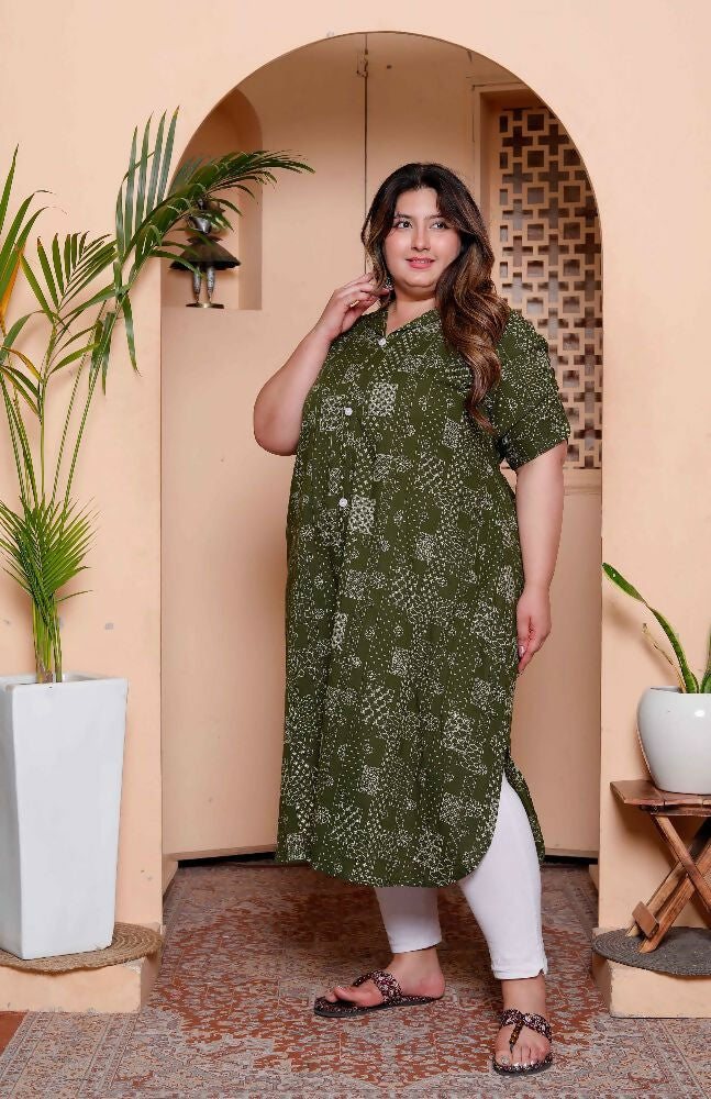 Miravan Womens Plus Size Pure Cotton Floral Printed Green Button Down A-Line Midi Dress