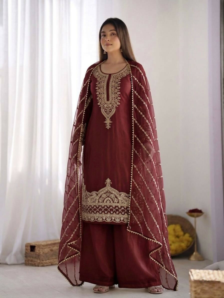 Teeya Creation Womens New Trendy Stylish Fancy Embroidery Beads Work Kurta Sharara Set For Wedding Wear - Red