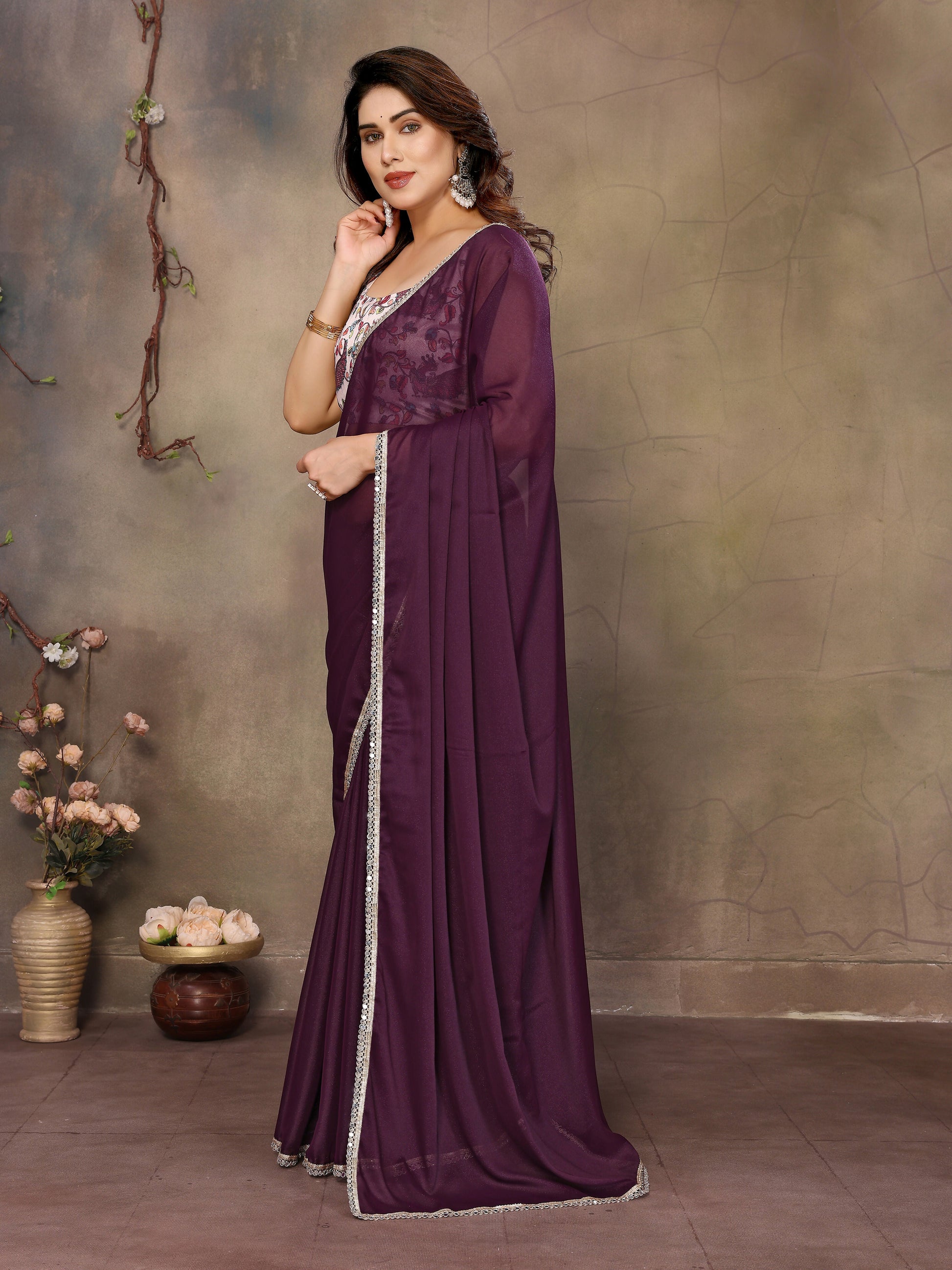 Partywear traditional Georgette Wine Fancy Saree - Anbazaar