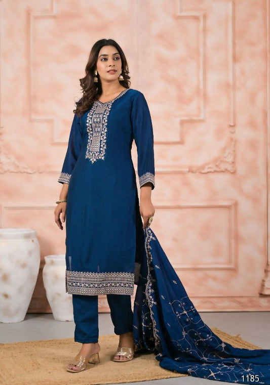 Ethnic Festive Wear Slik Petrol Stitched Suit With Dupatta - Anbazaar