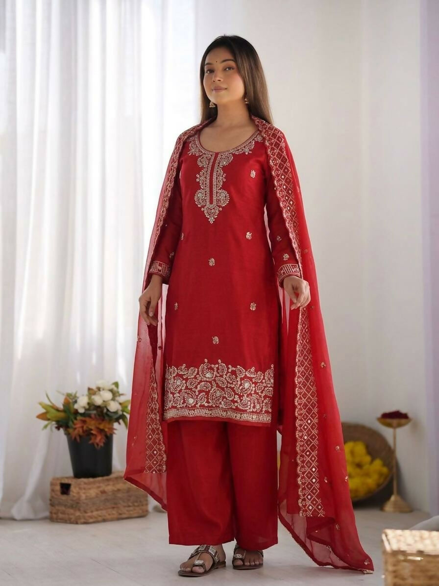 Teeya Creation Womens New Trendy Stylish Embroidery Beads Work Palazzo Kurta Set -Red