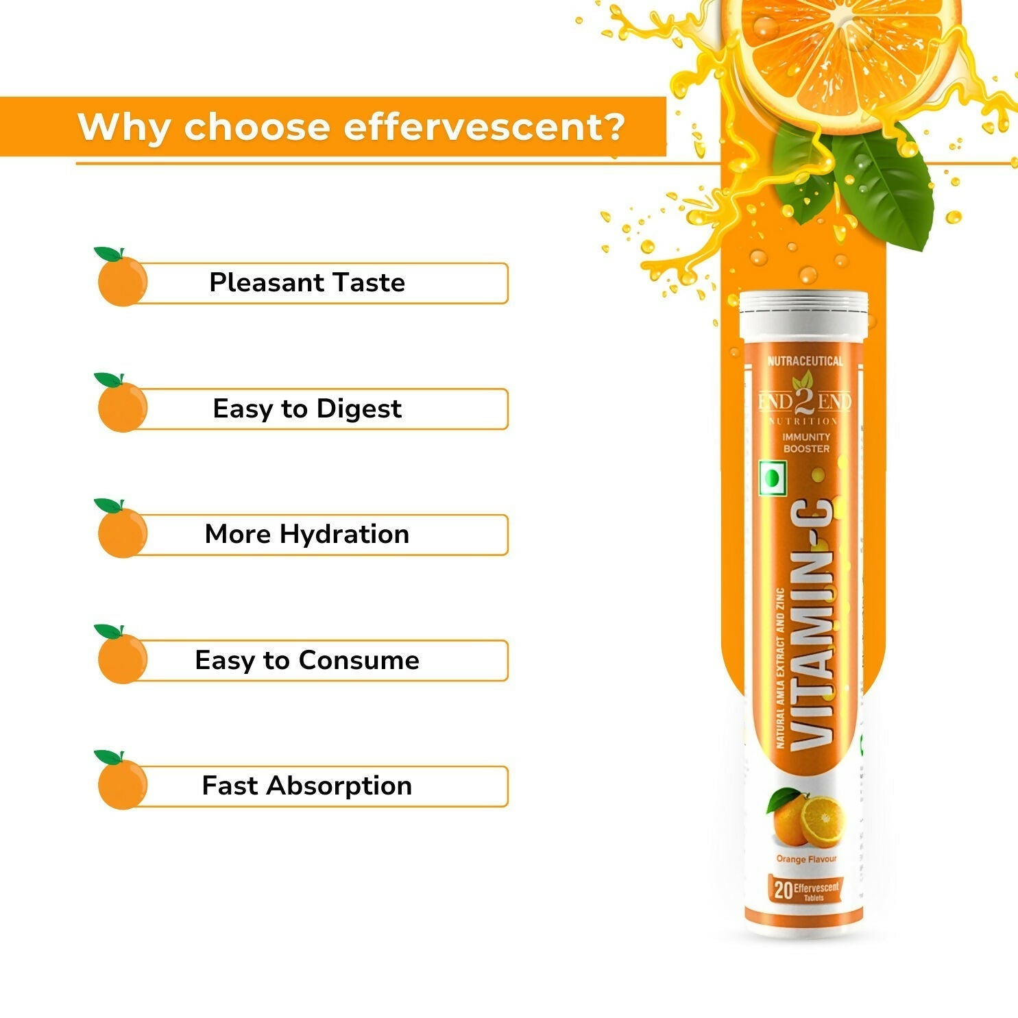 End2End Nutrition Vitamin C with Natual Amla Extracts For Extra Glowing Skin & Stronger Immunity Tablets 
