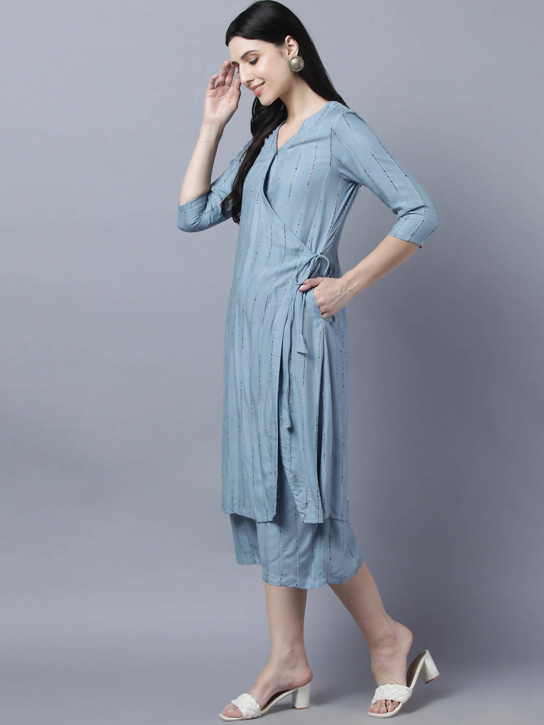 Myshka Stylish Grey Viscose 3/4 Sleeve Women's Kurta Palazzo Set