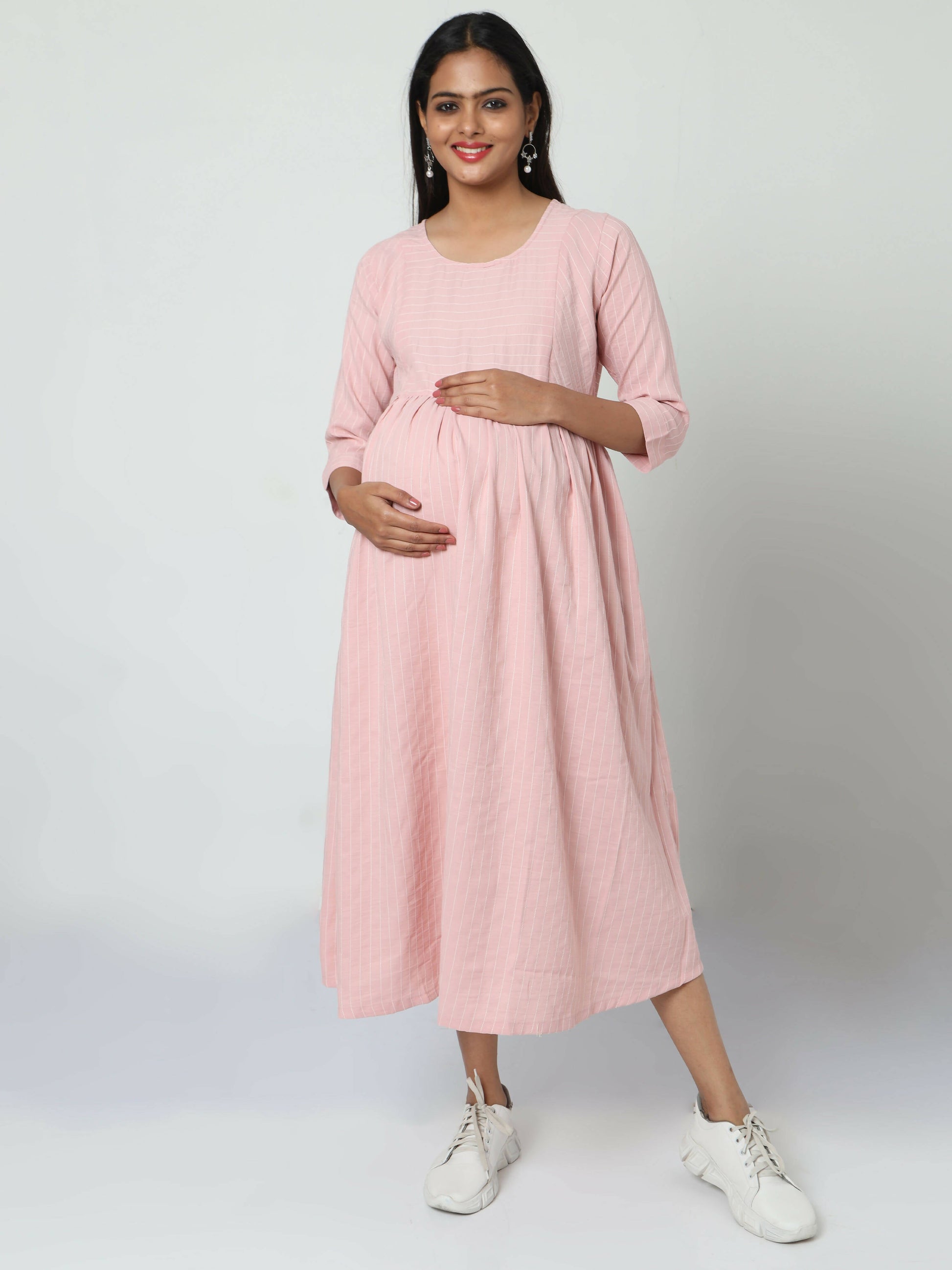 Manet Three Fourth Maternity Dress Striped With Concealed Zipper Nursing Access - Baby Pink