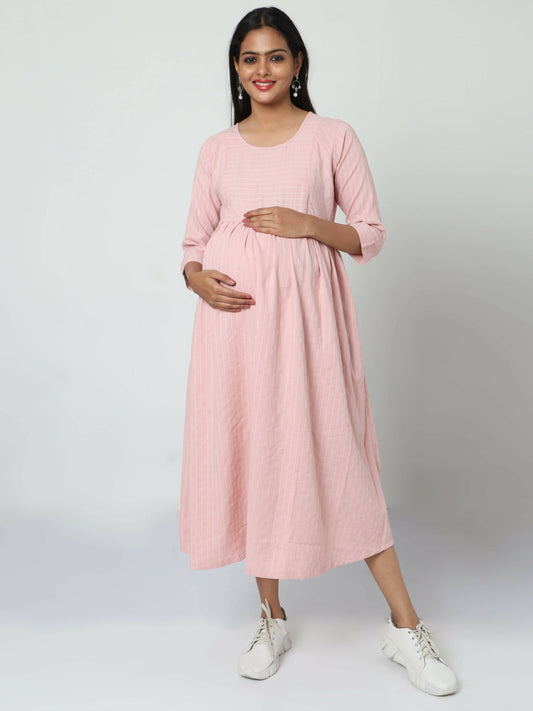 Manet Three Fourth Maternity Dress Striped With Concealed Zipper Nursing Access - Baby Pink